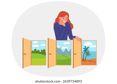 Woman traveler makes travel plan and chooses place to relax, stands near door with beach or mountains. Girl from travel agency offers options for active and passive recreation for clients