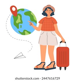 A woman traveler is presented ready for adventure, pointing at a destination on a globe with luggage in tow. Vector flat illustration for web or app design