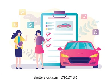 Woman traveler rent car, female salesman and car rental or sharing agreement. Transport business, auto dealer or carsharing. Modern vehicle, characters in trendy style. Flat vector illustration