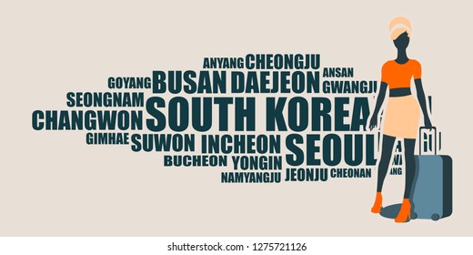 Woman traveler silhouette standing with baggage. Retro hair style. South Korea cities names in geometry style design on backdrop. Creative vintage typography poster concept.