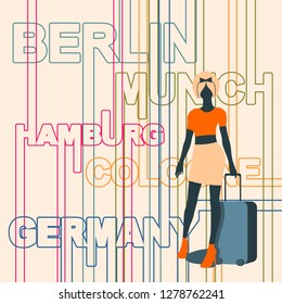 Woman traveler silhouette standing with baggage. Retro hair style. Germany cities names in geometry style design on backdrop. Creative vintage typography poster concept.