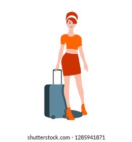 Woman traveler silhouette standing with baggage. Retro hair style. Flat style illustration