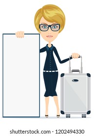 Woman traveler with suitcase and blank space for text and content paper art, banner, Card, Poster. Stock flat vector illustration.