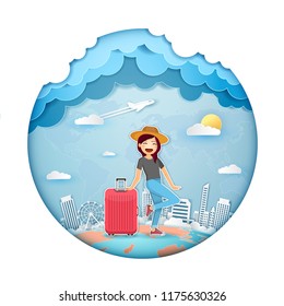 Woman traveler with suitcase, luggage. check in point travel accessories around the world concept on Background Design. blank space for text and content paper art, vector, banner, Card, Poster,