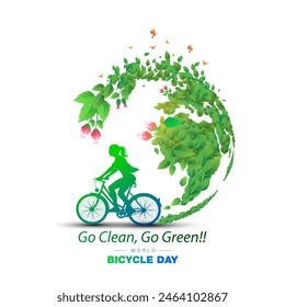 Woman traveling bicycle on World Bicycle Day poster design. Green Leaf world map and environment vector illustration.