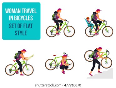 Woman traveling by bike. Vector flat Illustration. Web graphics, banners, advertisements, brochures, business templates. Isolated on a white background