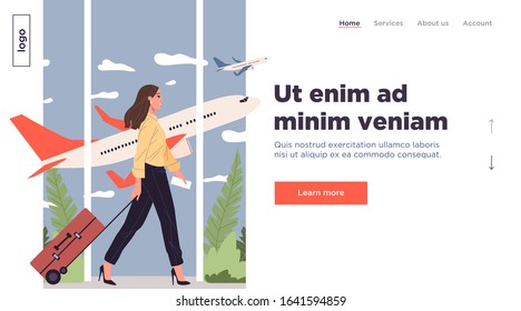 Woman traveling by plane with baggage. Passenger walking through airport, carrying suitcase flat vector illustration. Tourism, flight, vacation concept for banner, website design or landing web page
