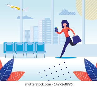 Woman Traveling by Plane Holding Bag and Passport with Ticket Flat Cartoon Vector Illustration. Girl in Airport Terminal. Character Running or Hurrying up for Flight. Being Late for Boarding.