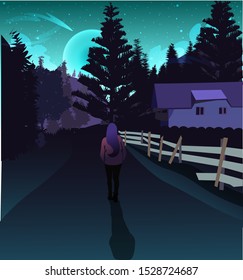 Woman traveling in a mountain forest under the twilight and lights of the aurora borealis. Magic blue and purple modern neon northern lights illustration. Futuristic fantasy vector