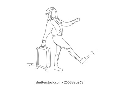 Woman traveling on winter holiday. Winter holiday concept one-line drawing