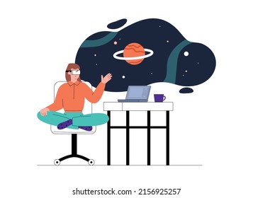 Woman traveling to space with VR glasses, flat vector illustration isolated on white background. Cartoon character exploring virtual reality places in goggles.