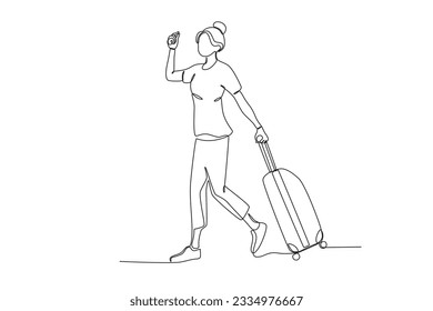 A woman traveling with a suitcase. World tourism day one-line drawing