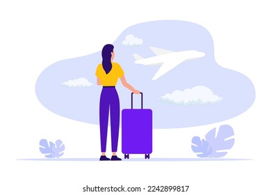 Woman traveller at airport departure area waiting for flight. Concept of business travel or tourism, work in trip. Vector illustration of business journey. Airplane behind window