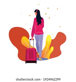 Woman as traveller walking on the street bring lugage bag. Concept for Travel. Flat style vector illustration isolated on white background. Travelling concept.