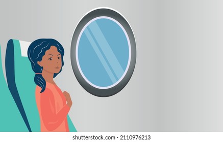 The woman travels by plane. The passenger enjoys the journey. Safe flight concept. Vector illustration of a cartoon character.