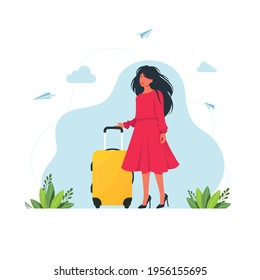 woman travels with a suitcase. woman with a luggage bag. Vector illustration. Woman With A Suitcase In A Red Dres Shopping Tour Concept. Tiny Female Characters with Bag at Huge Suitcase. Tourist