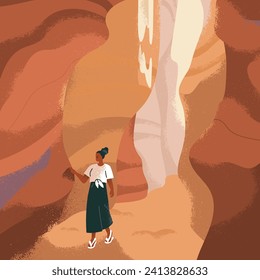 Woman travels, walk in canyon, sand cave, rock. Tourist exploring nature in outdoor adventure. Sandy mountains, serene landscape, person explorer strolling, searching. Flat vector illustration