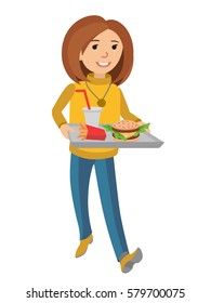 Woman with a tray of food in his hands.