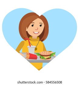 Woman with a tray of food in his hands. Vector illustration isolated on white background in heart icon.