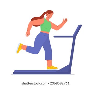 Woman at treadmill concept. Young girl with healthy and active lifestyle. Fitness and workout, training. Poster or banner for website. Cartoon flat vector illustration isolated on white background