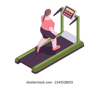 Woman with treadmill in isometric view. A fat woman is running on a treadmill to lose weight.