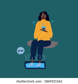 A woman treats frostbite. Vector linear illustration of frozen feet in hot water. Poster with a girl action after a cold temperature. Drawing of a Man warming his feet in water. Vector illustration