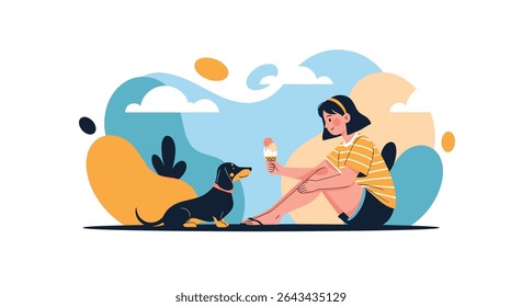 Mulher trata seu animal de estimação Dachshund com um lanche fora em um belo dia