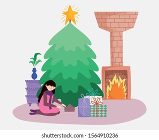 woman with tree chimney gifts merry christmas, happy new year vector illustration