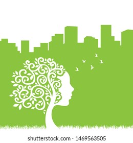 woman tree, city skyline and birds 