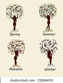 A Woman Tree In Four Seasons. Vector Illustration