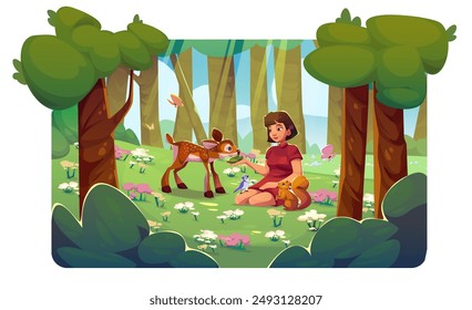 Woman with tree and grass forest nature landscape. Green summer park scene with flower. Girl sitting outdoor on glade with baby deer and squirrel. Eco tourism environment design illustration