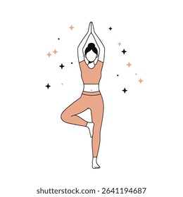 A woman in a tree pose, arms raised, wearing peach activewear, surrounded by star-shaped sparkles.