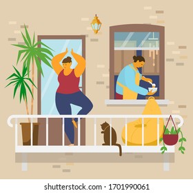 Woman in tree pose doing yoga on balcony with cat and plants, man in apron poors soup in bowl in kitchen window . Home activities. Stay at home concept. Flat vector illustration.