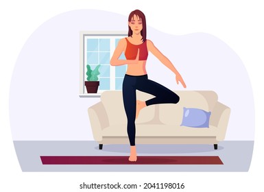 Woman In Tree Pose Practicing Yoga Indoor For Health and Relaxation