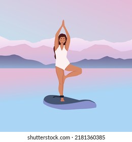 Woman in tree pose practicing yoga on SUP board on mountain background. Healthy lifestyle. Travel, tourism, recreation. Paddle boarding boarding concept.