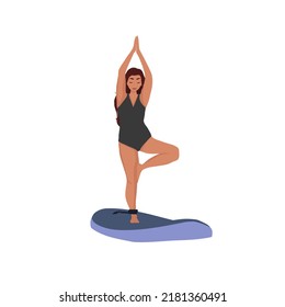 Woman in tree pose practicing yoga on SUP board. Cartoon flat vector illustration isolated from background. Paddle boarding boarding concept.