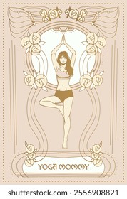 Woman in a tree pose surrounded by intricate Art Nouveau floral patterns. The design features soft beige and gold tones, blending yoga aesthetics. Ideal for posters, t-shirt prints, or spiritual decor