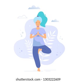 Woman in tree pose. Yoga girl in a park vector trendy illustration.