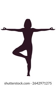 Woman in tree pose yoga silhouette on transparent background. Figure demonstrating balance and meditation for holistic wellness concept.