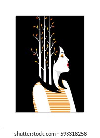 Woman With Tree Vector Illustration. Positive Negative Space Conceptual Poster.