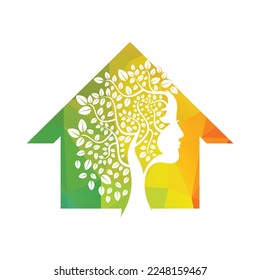 Diseño de plantilla de vectores de árbol de mujer. La Mujer Enfrenta El Diseño Del Vector De Hojas.