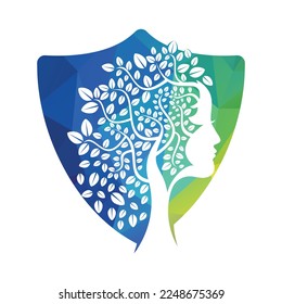 Diseño de plantilla de vectores de árbol de mujer. La Mujer Enfrenta El Diseño Del Vector De Hojas.