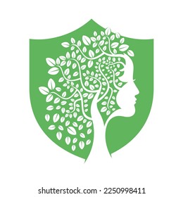 Diseño de plantilla de vectores de árbol de mujer. La Mujer Enfrenta El Diseño Del Vector De Hojas.