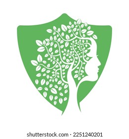 Diseño de plantilla de vectores de árbol de mujer. La Mujer Enfrenta El Diseño Del Vector De Hojas.