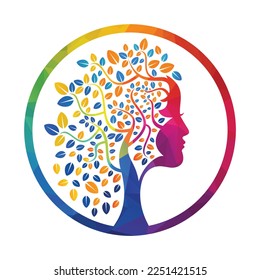 Diseño de plantilla de vectores de árbol de mujer. La Mujer Enfrenta El Diseño Del Vector De Hojas.