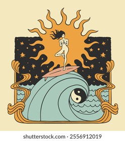 woman in tree yoga pose balancing on a surfboard atop a wave with a yin-yang symbol, surrounded by cosmic elements like the sun, stars, and flowing patterns. A vibrant and mystical design perfect for 