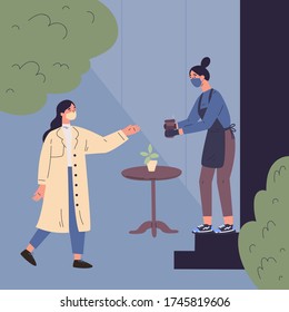 The woman in trench coat ordered coffee to go.Quarantine restrictions.End of quarantine.Cafe during quarantine.The seller in a medical mask,gloves and apron gives out coffee to the buyer.Flat,vector