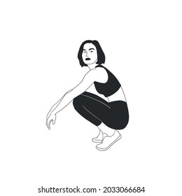 Woman trendy flat design. Girl dressed in sportswear - top, leggings and sneakers. Hipster style. Black and white female character. Hand drawn art. 