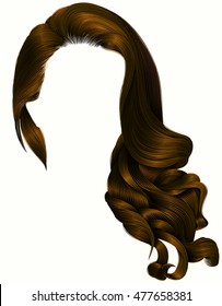 woman trendy long curly brunette hairs wig dark brown colors .
 retro style . beauty fashion . realistic 3d .
