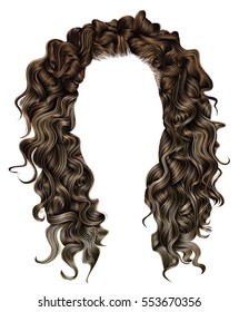 Woman trendy long curly brunette hairs wig dark brown colors.
 coloring highlighting, . beauty fashion . realistic 3d .